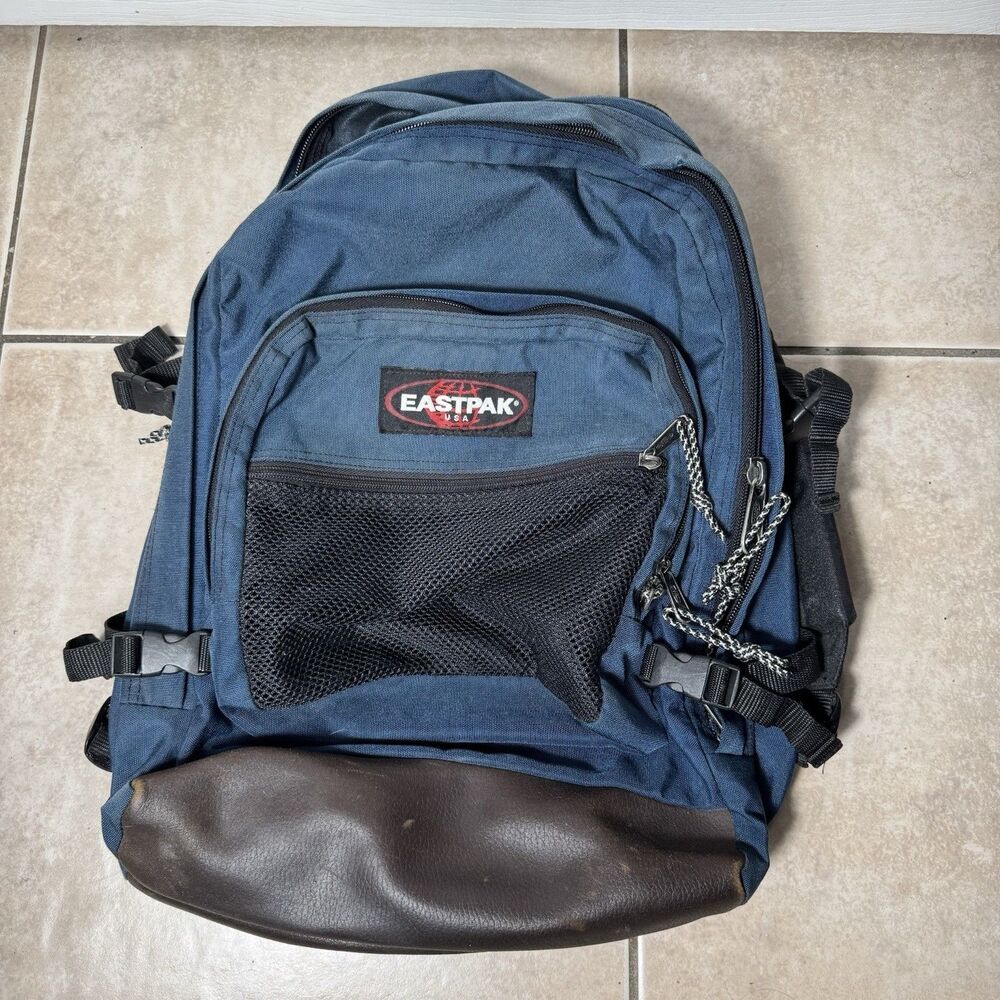 Vintage Eastpak Backpack USA Made Blue Brown Suede Leather Bottom Padded Straps